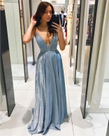 Blue Sleeveless Deep V-Neck Silk Sexy Women Evening Maxi Dress