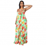 Green Sleeveless Halter Printed Women Fashion Jersey Dress