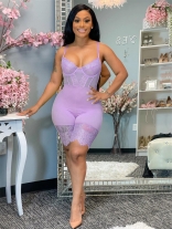 Purple Sleeveless Halter Lace Women Sexy Romper Lingerie