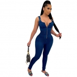 RoyalBlue Sleeveless V-Neck Zipper Jeans Sexy Jumpsuit