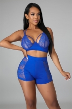 Blue Halter V-Neck Lace Sexy Women Pants Set