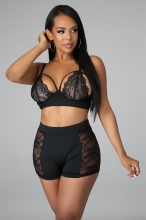 Black Halter V-Neck Lace Sexy Women Pants Set