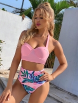 Pink Halter Sexy High Waist Printed Swimwear