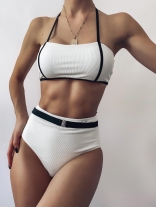 White Halter Boat-Neck Hight Waist Swimwear