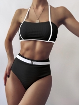 Black Halter Boat-Neck Hight Waist Swimwear