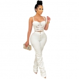 White Halter Low-Cut V-Neck Mesh Zipper 2PCS Sexy Jumpsuit