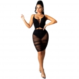 Black Sleeveless Deep V-Neck Mesh Bandage Sexy Mini Dress