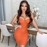 Orange Halter Low-Cut V-Neck Mesh Bodycons Mini Dress