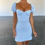 Blue Sleeveless Boat Low-Cut Bone Bodycons Sexy Mini Dress