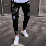 Black Printed Men's Jeans Fashion Hole Long Trousers