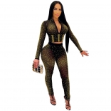 Golden Mesh Long Sleeve V-Neck Rainstones Bodycons Sexy Jumpsuit