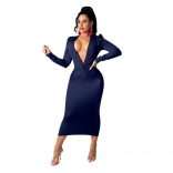 RoyalBlue Long Sleeve Deep V-Neck Knot Bodycons Midi Dress