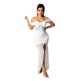 White Off-Shoulder Low-CUT Mesh Women Maxi Evening Dress
