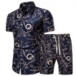 Blue Short Sleeve Printed Men's Fashion T-Skirt Sets