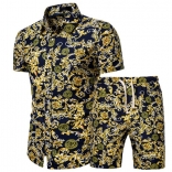 Yellow Short Sleeve Printed Men's Fashion T-Skirt Sets