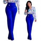 Blue Women Fashion Button Trousers