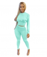 LightBlue Long Sleeve O-Neck Bodycons 2PCS Sexy Jumpsuit