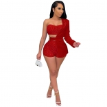 Red Long Sleeve Mesh Rainstones 3PCS Club Dress