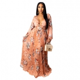 Pink Long Sleeve Deep V-Neck Printed Women Maxi Dress