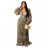 Green Long Sleeve Deep V-Neck Printed Women Maxi Dress