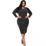 Black Long Sleeve O-Neck Plus Size Pearls Women Midi Dress