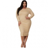 Beige Long Sleeve O-Neck Plus Size Pearls Women Midi Dress