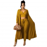 Yellow Long Sleeve V-Neck Low-Cut 3PCS Women Catsuit Dress