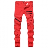 Red Zipper Jeans Hole Men's Fashion Trousers