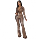 Khaki Long Sleeve Deep V-Neck Leather Women Fashion Jumpsuit