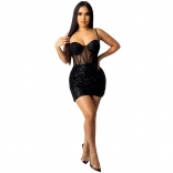 Black Halter V-Neck Low-Cut Mesh Sequins Sexy Mini Dress