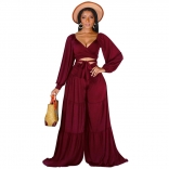 Red Long Sleeve V-Neck 2PCS Fashion Women Jumpsuit