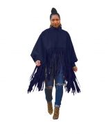 Blue Long Sleeve O-Neck Tassels Women Fashion Tops