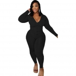 Black Long Sleeve Zipper Fashion Women Plus Size Jumpsuit