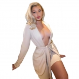 Beige Long Sleeve Deep V-Neck 2PCS Women Sexy Pant Sets