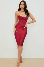 Red Sleeveless Double Layer Elastic Steel Bone Line Padded Bodycons Midi Dress