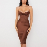 Brown Sleeveless Double Layer Elastic Steel Bone Line Padded Bodycons Midi Dress