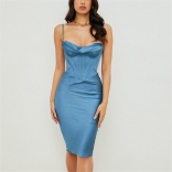 Blue Sleeveless Double Layer Elastic Steel Bone Line Padded Bodycons Midi Dress