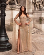 Beige Shoulder Sleeve V-Neck Flash Silk Sexy Evening Dress