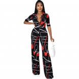 Black Seven Sleeve V-Neck Botton Printed Women Jumpsuit