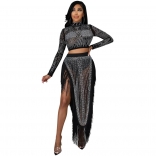 Black Long Sleeve Mesh 2PCS Rhinestone Sexy Tassels Maxi Dress