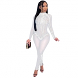 White Long Sleeve Mesh Rhinestones Sexy Jumpsuit