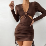 Khaki Long Sleeve V-Neck Hollow-out Banadge Mini Dress