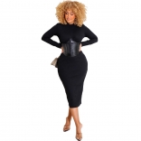 Black Long Sleeve O-Neck Leather Corsets Zipper Women Midi Dress