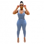 Blue Sleeveless Halter V-Neck Jeans Women Bodycons Sexy Jumpsuit