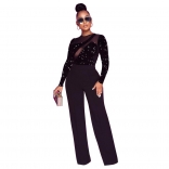 Black Long Sleeve Mesh Sequins Women Fashion Jumpsuit