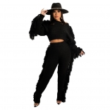 Black Long Sleeve Tassels O-Neck Knitting Women Fashion Jumpsuit