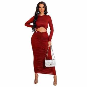 Red Long Sleeve O-Neck Hollwo-out Corset Sexy Midi Dress
