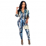 Blue Long Sleeve Printed T-Skirt 2PCS Women Sexy Jumpsuit