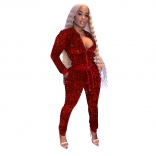 Red Long Sleeve Zipper Fashion Sexy Sequins Women Jumpsuit