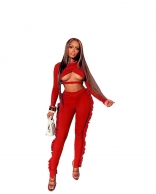 Red Long Sleeve Hollow-out Sexy Foral Women Sexy Jumpsuit